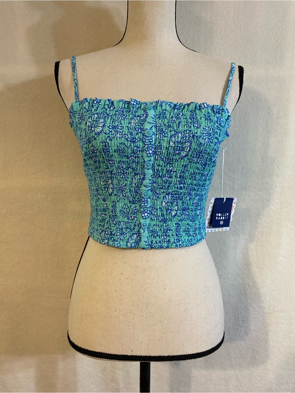 NWT Roller Rabbit x Target aqua blue garden floral smocked cropped tank top